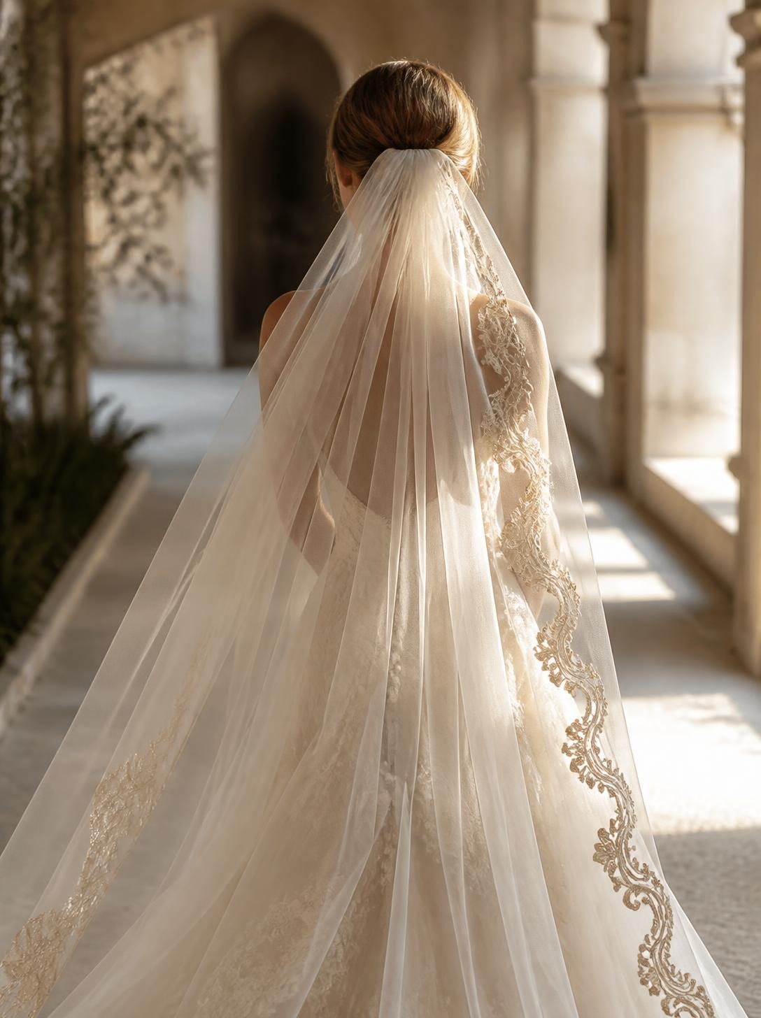 Bride from behind wearing a long ivory veil with a gold lace border