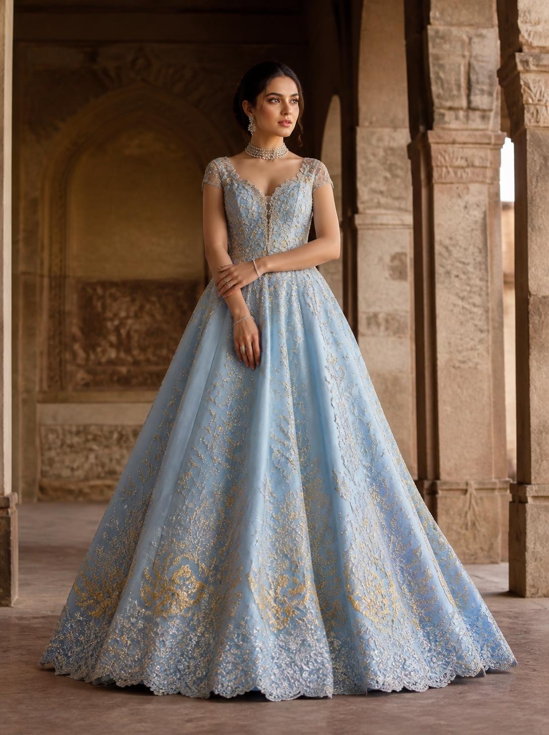 Woman in a powder-blue embroidered couture ball gown