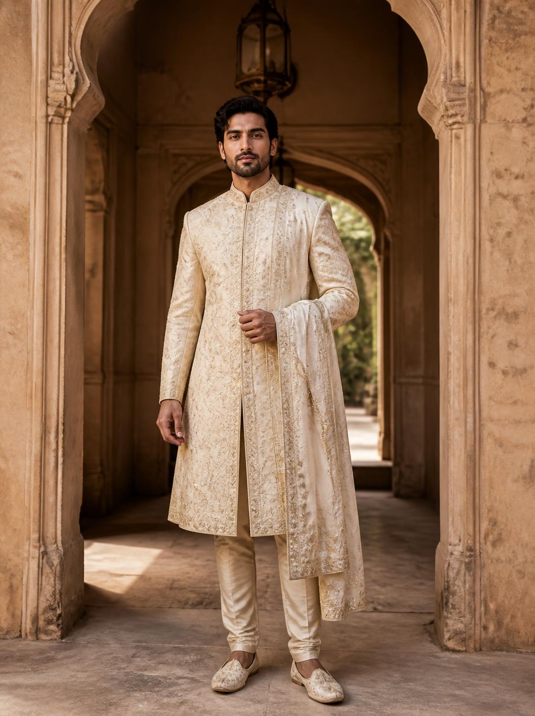 Groom in an ivory sherwani with gold embroidery down the front and a matching embroidered stole