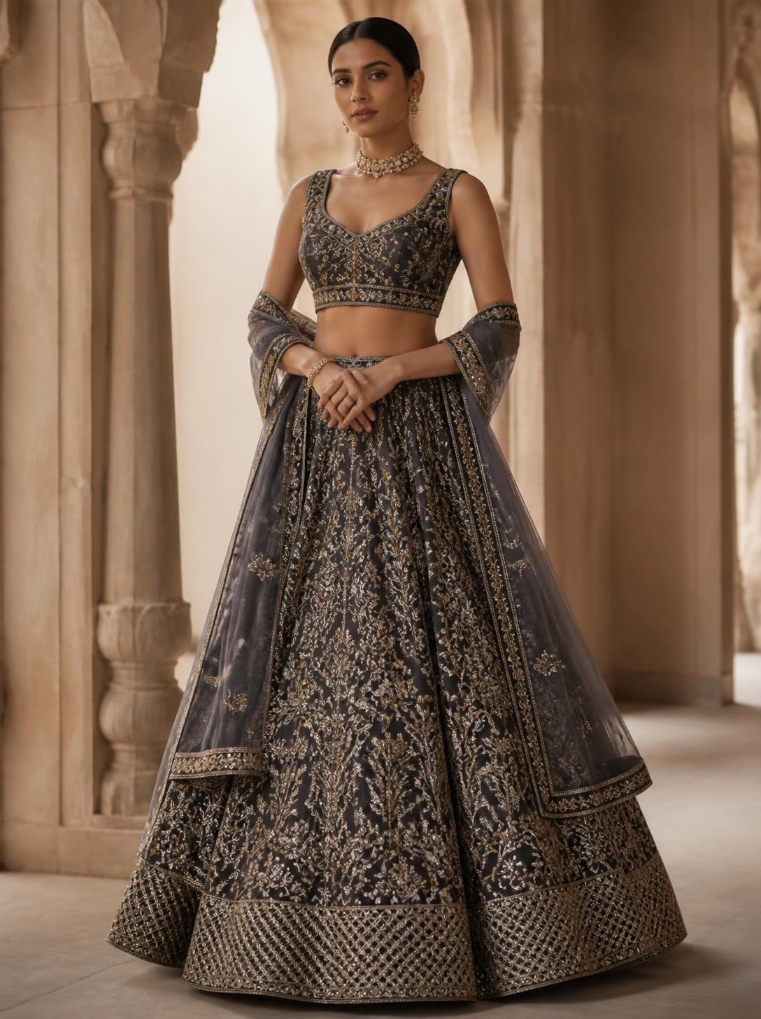 Woman in a charcoal lehenga with gold hand embroidery, a lattice hem border and a sheer dupatta