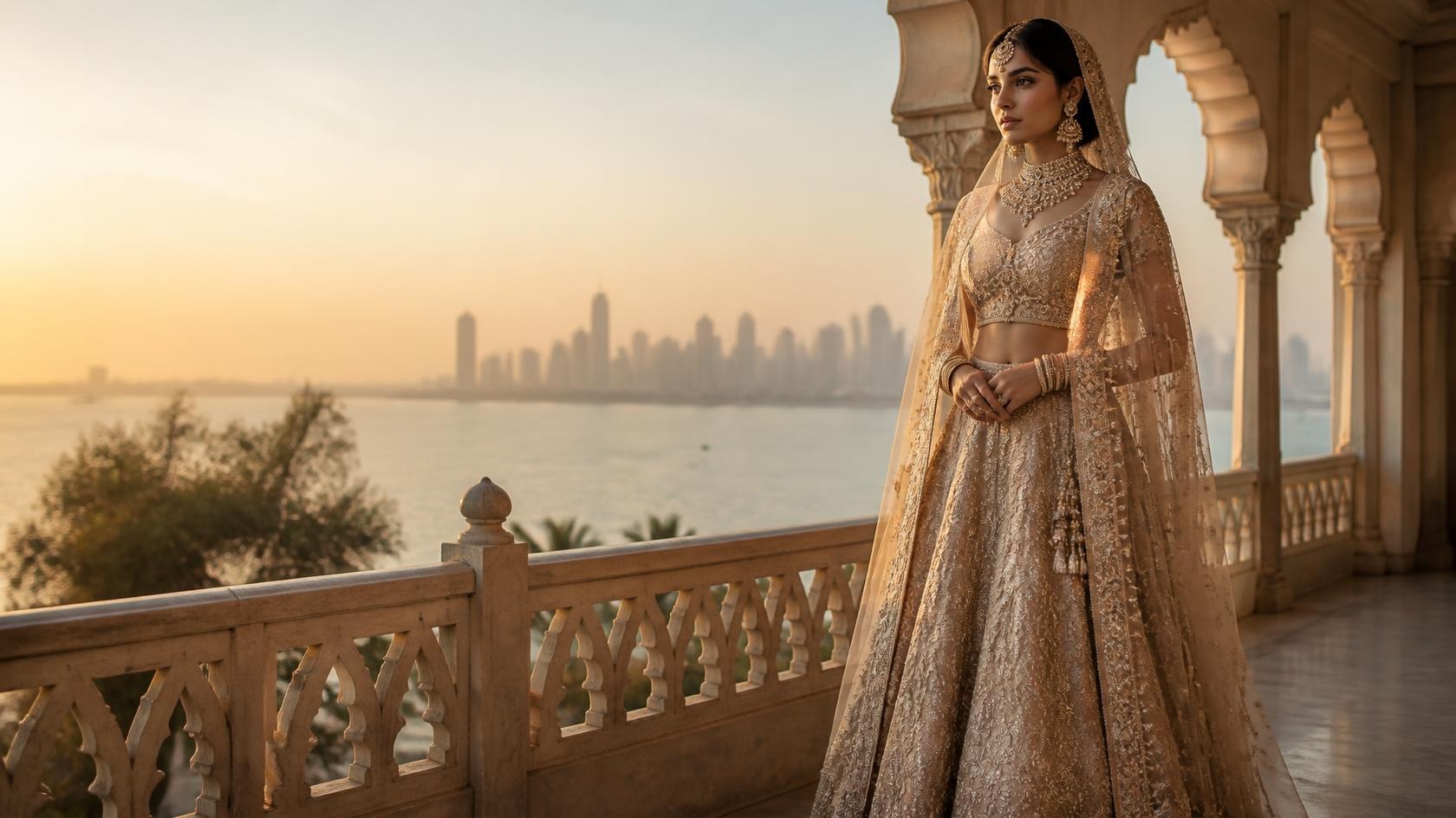 Bride in a champagne-gold embroidered lehenga with a sheer veil on a balcony overlooking Mumbai at sunset