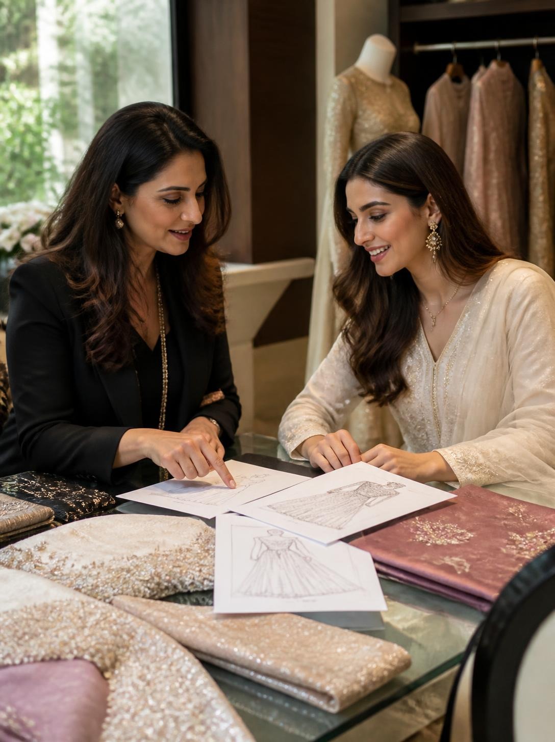 Designer and client discussing sketches over fabric swatches