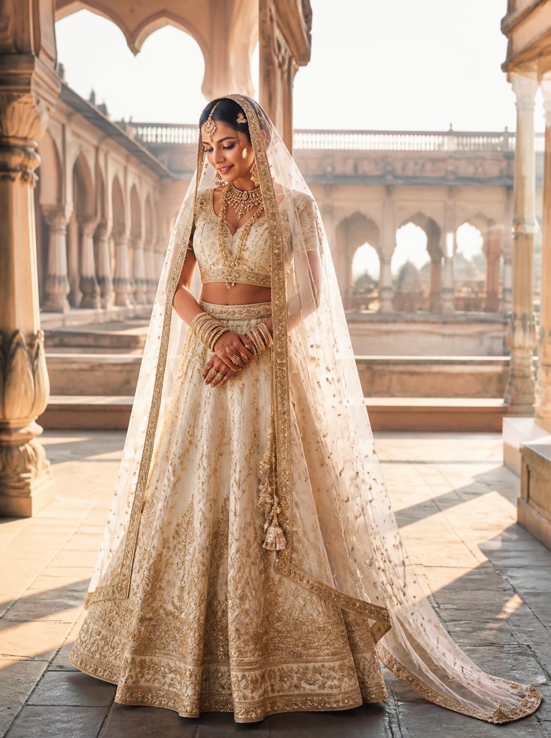 Bride in an ivory and antique-gold embroidered lehenga with a long sheer veil in a sunlit palace courtyard