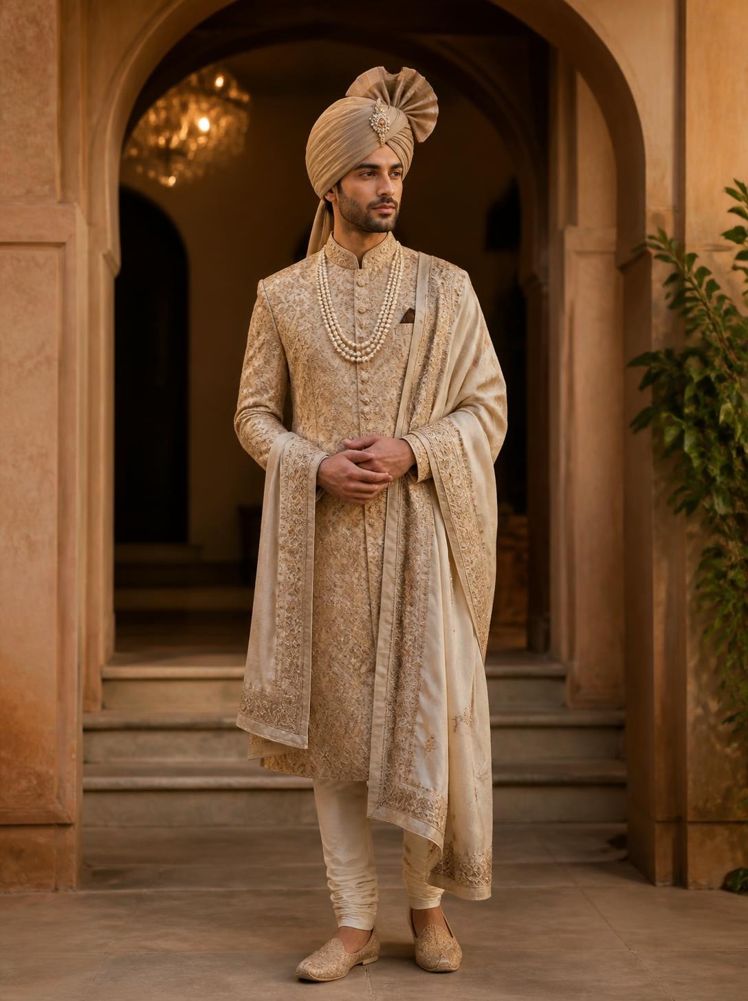 Groom in a champagne embroidered sherwani with a matching stole, pearl strands and a pleated safa
