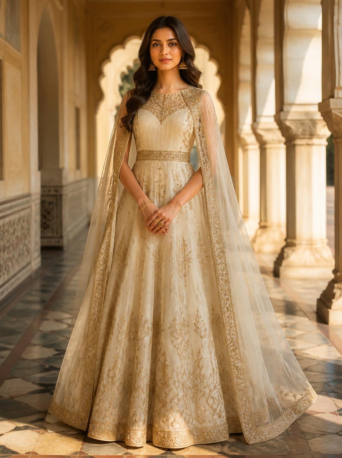 Woman in an ivory and gold embroidered anarkali with a sheer embroidered cape in a palace arcade