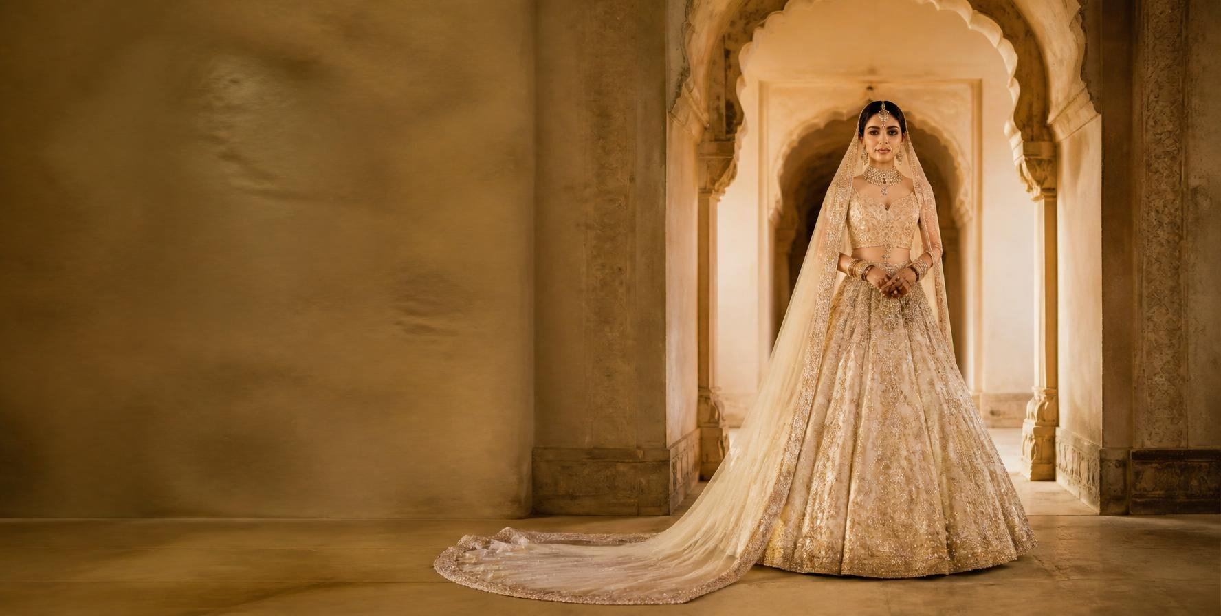 Bride in an ivory and gold embroidered lehenga with a long veil standing in a carved sandstone archway