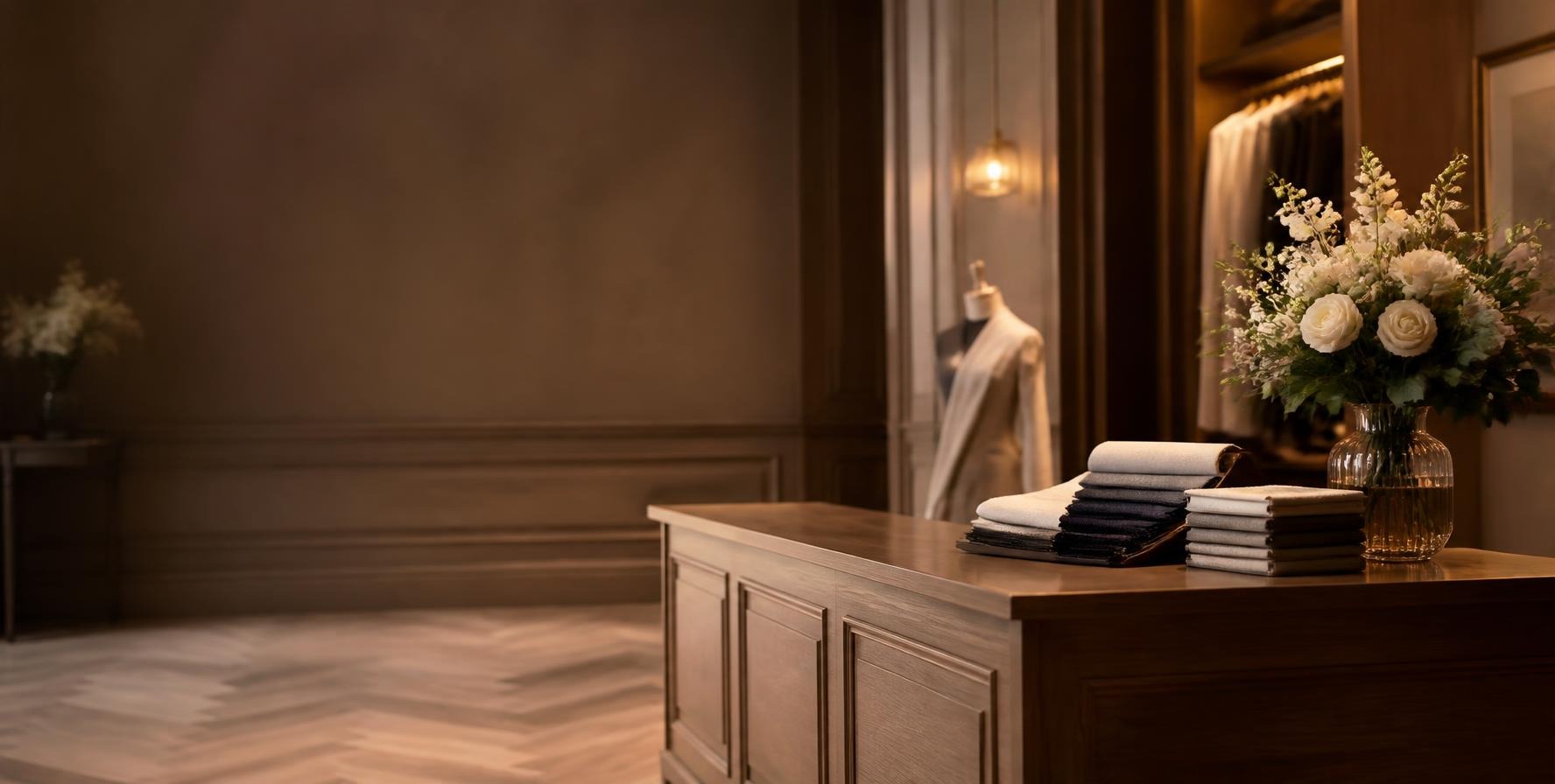 Atelier desk with flowers, folded fabrics and a dress form
