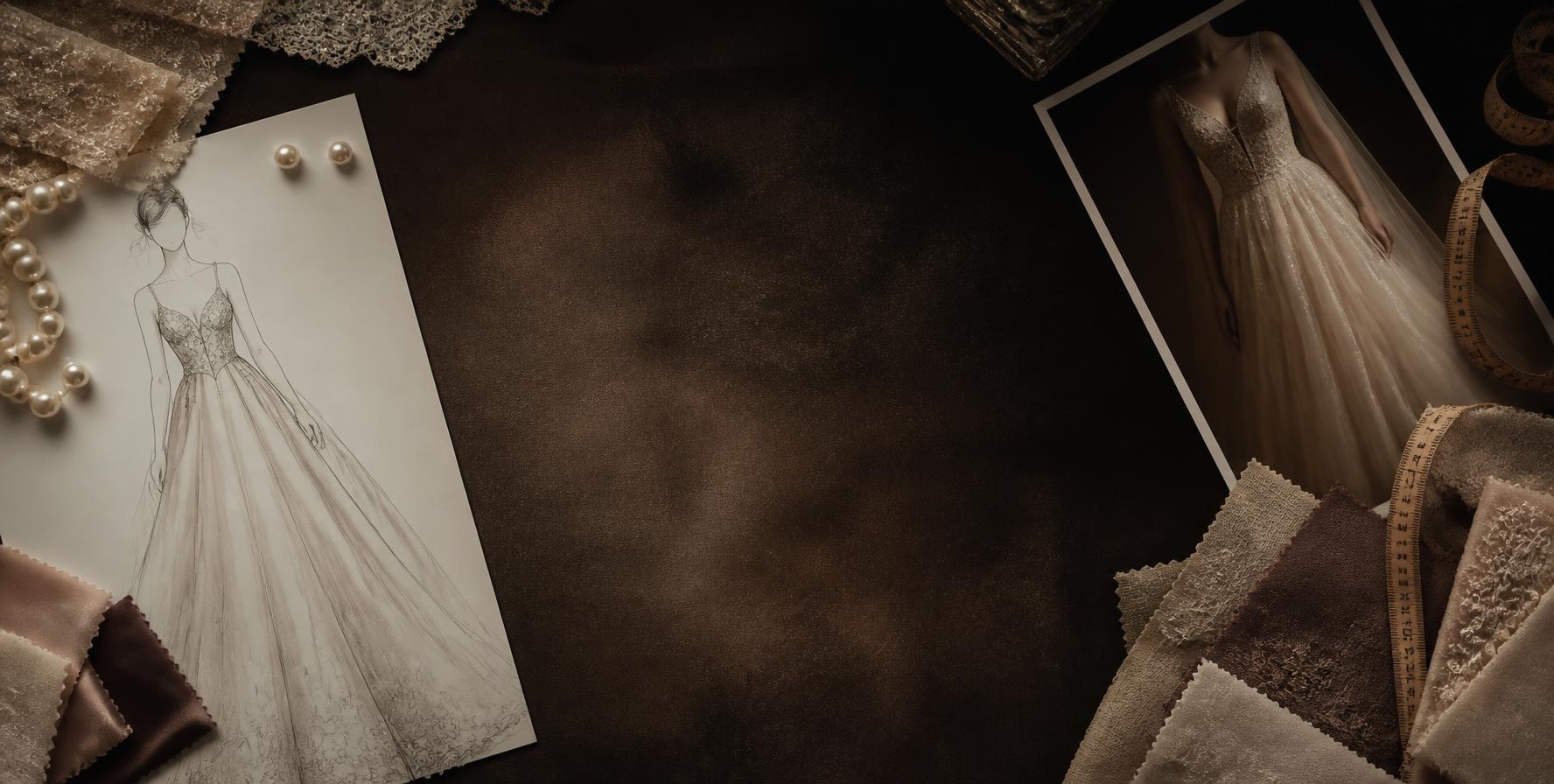 Couture sketches, fabric swatches and pearls on a dark table