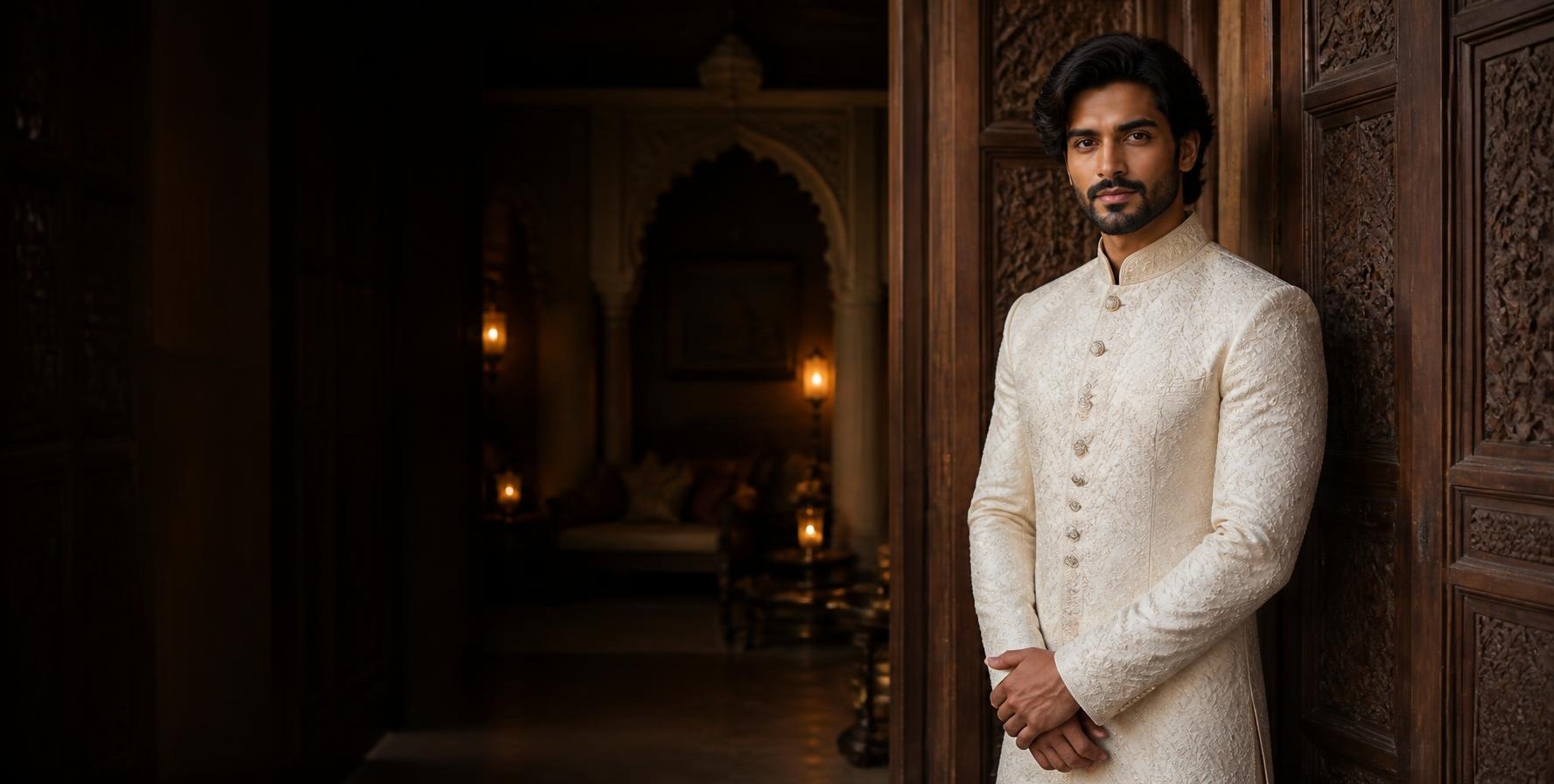 Man in an ivory embroidered sherwani beside a carved wooden door in a lantern-lit hall