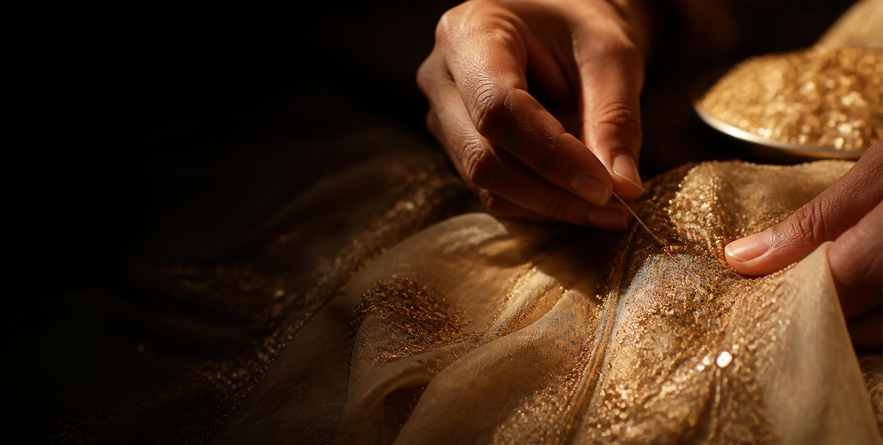 Artisan’s hands embroidering gold thread onto fabric