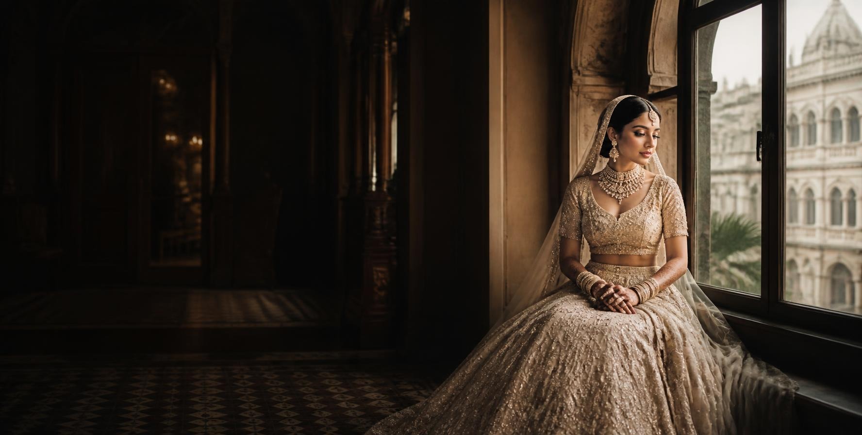 Bride in an ivory lehenga seated by a tall window in a softly lit heritage room