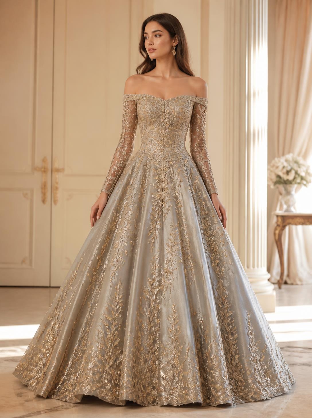 Woman in an off-shoulder silver and gold embellished ball gown with sheer long sleeves